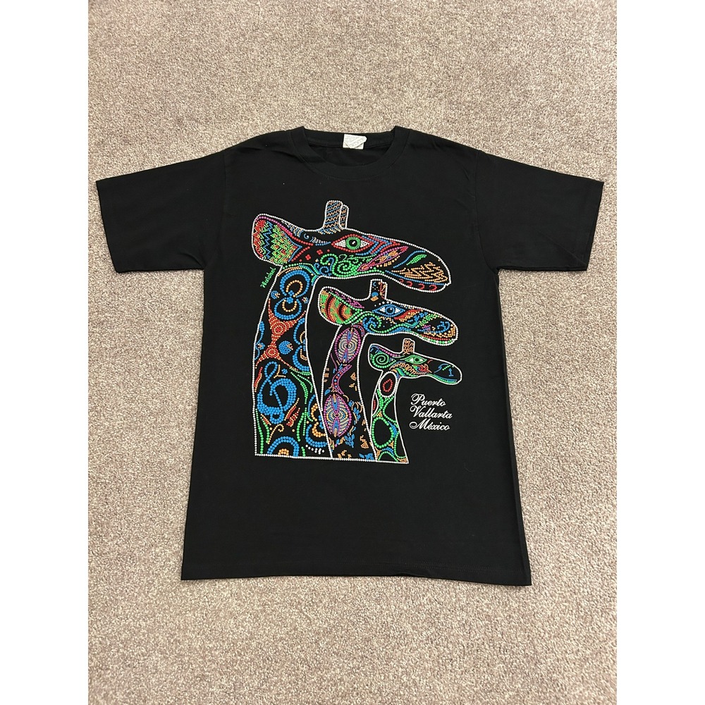 Puerto Vallarta Giraffe Huichol Art T-Shirt Mens Small Black Excellent